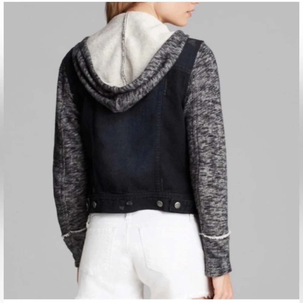 Free People Hooded Denim Knit Jacket Navy Black Gary Distressed L Mixed Media - Picture 2 of 13